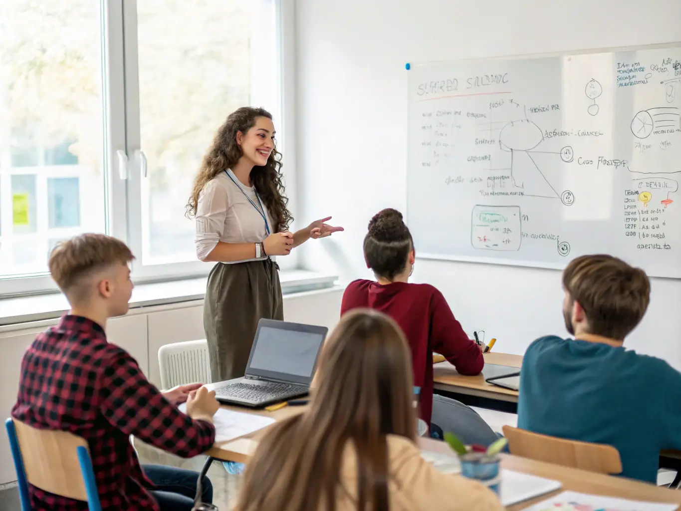 An AI workshop setting with a mentor explaining neural networks on a whiteboard to engaged students, representing AI Fundamentals Training.