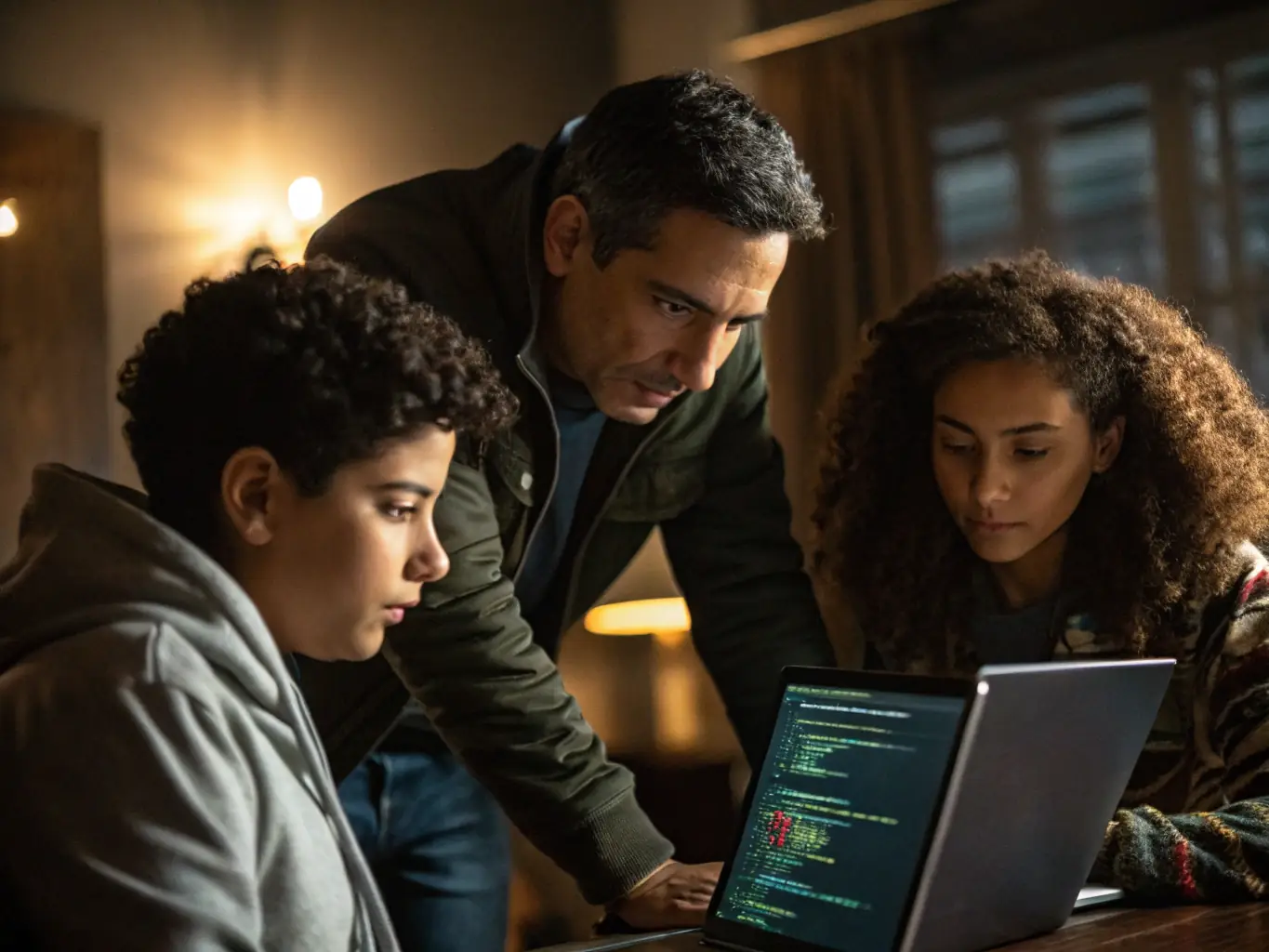 A mentor working closely with a student on a laptop, discussing Python code in a cozy, modern workspace, symbolizing personalized Python coaching.